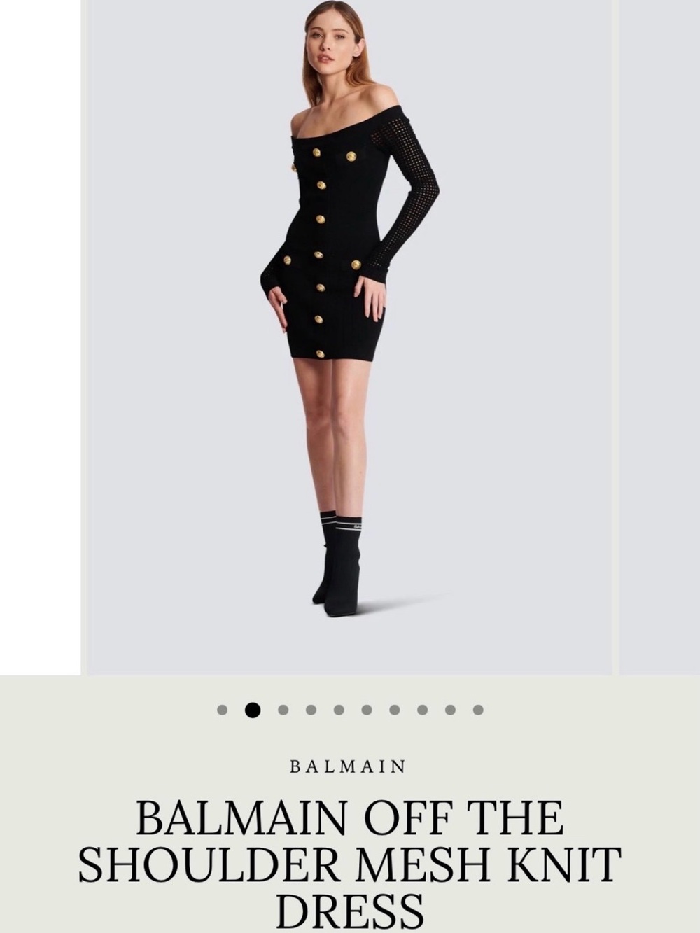 Balmain Black One-Shoulder Mesh Knit Dress with Gold Buttons